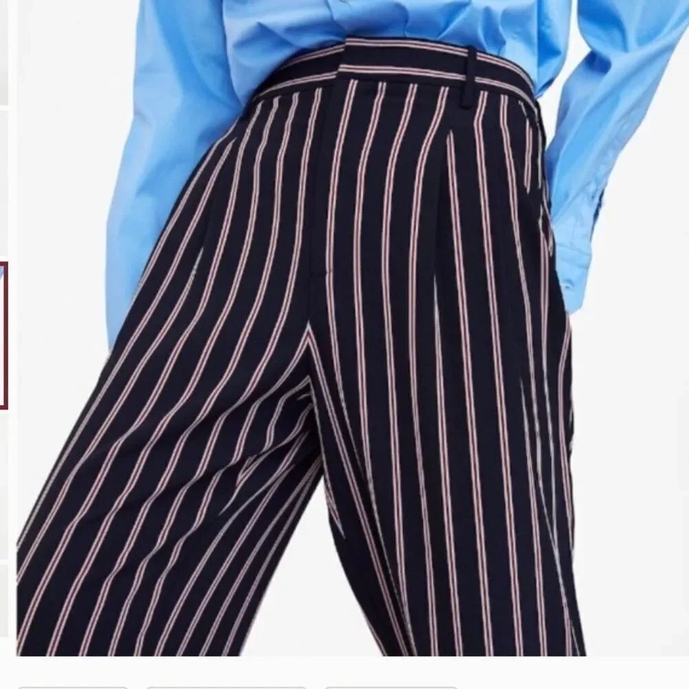 ZARA blue red pintuck stripes high waisted pleated wide leg trousers pants M